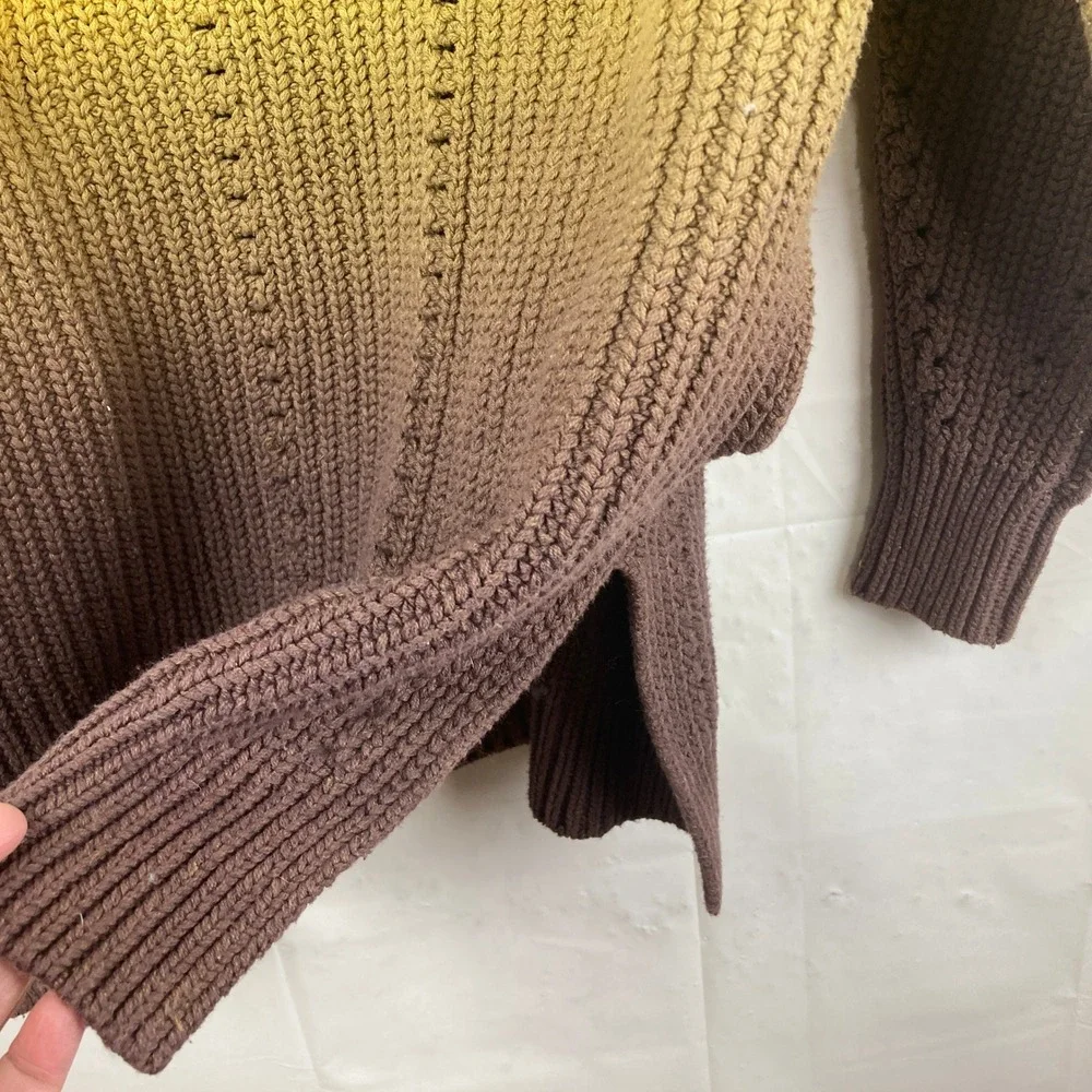 Free People Ombre Come Together V-Neck Sweater Sz L Chunky‎ Knit Boho Earthy
